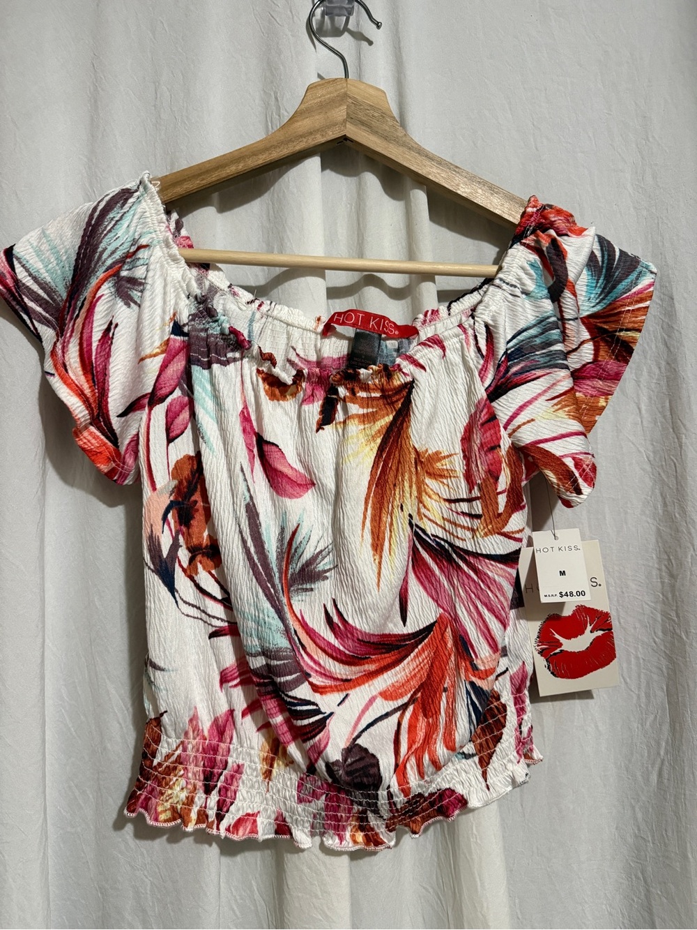 Hot Kiss White Tropical Off-Shoulder Crop Top - Pink, Orange & Teal Leaf Print
